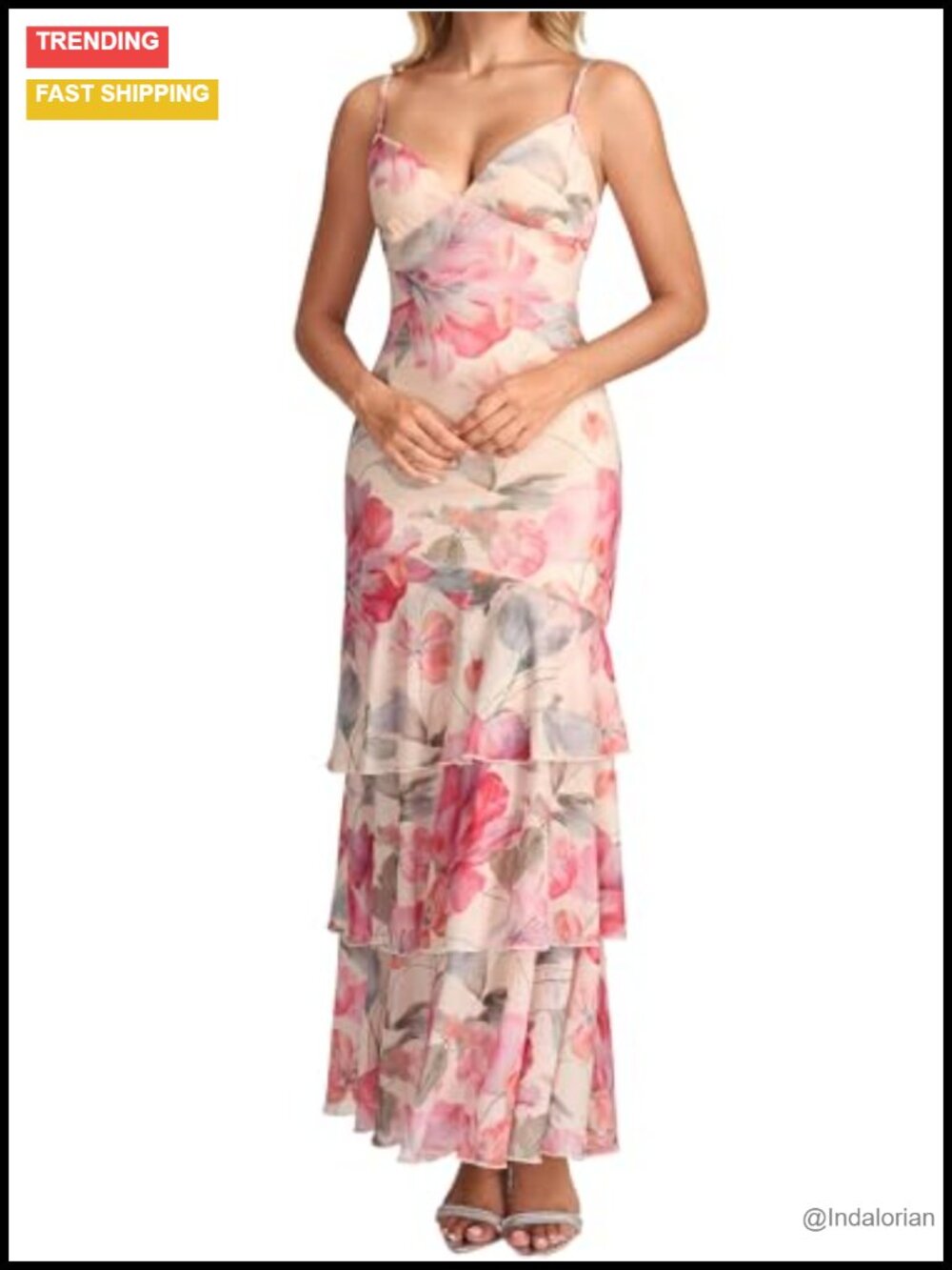 Floral Mesh Maxi Dress V Neck Spaghetti Strap Ruffle Tiered Wedding Guest